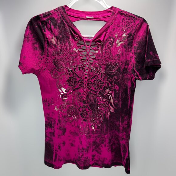 Affliction Pink Black Burnout Cross Lace-Up Cutout Back Graphic Tee - Picture 1 of 6